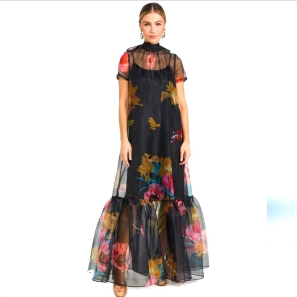 Staud Calluna Black Floral Dress First Bloom Night High Neck Maxi Dress Medium